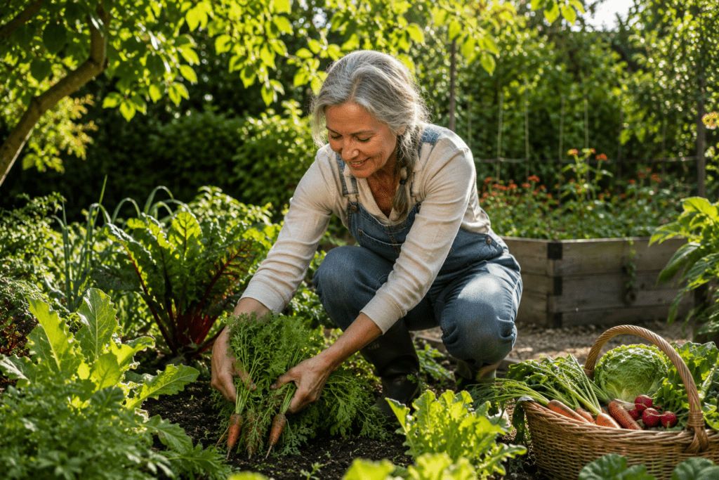Senior woman harvesting fresh vegetables in backyard garden with hopeful expression