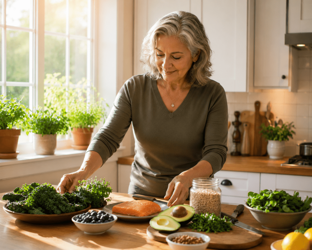 Woman in her 60s arranging healthy diabetic-friendly foods on kitchen counter