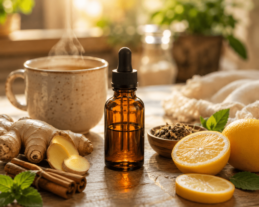 Older woman's hands holding amber herbal drops bottle at kitchen window