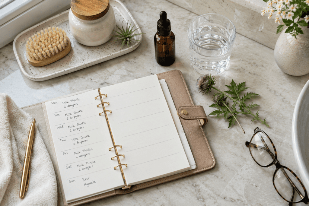 Flat-lay of herbal drops bottle planner and milk thistle on bathroom counter
