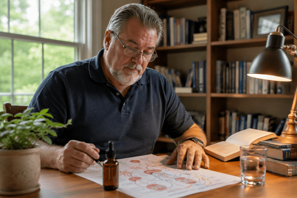 Man in his 60s reviewing metabolism diagram next to herbal tincture bottle
