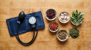 Blood pressure cuff surrounded by six herbal supplements on wooden surface