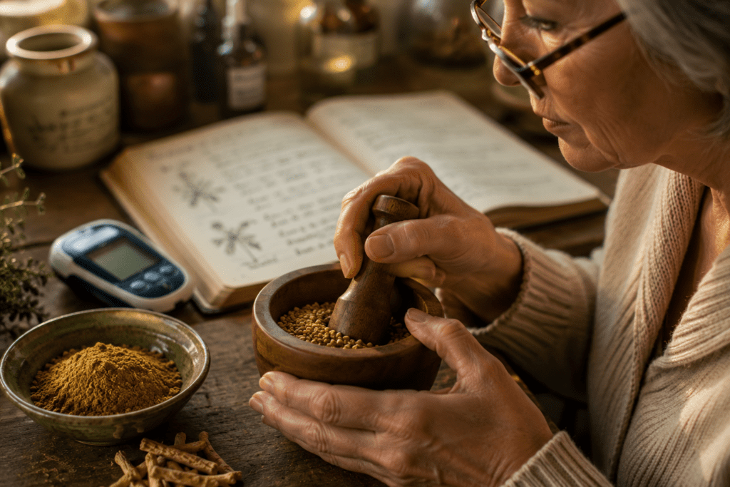 Older woman grinding insulin-mimicking herbs with blood sugar monitor nearby