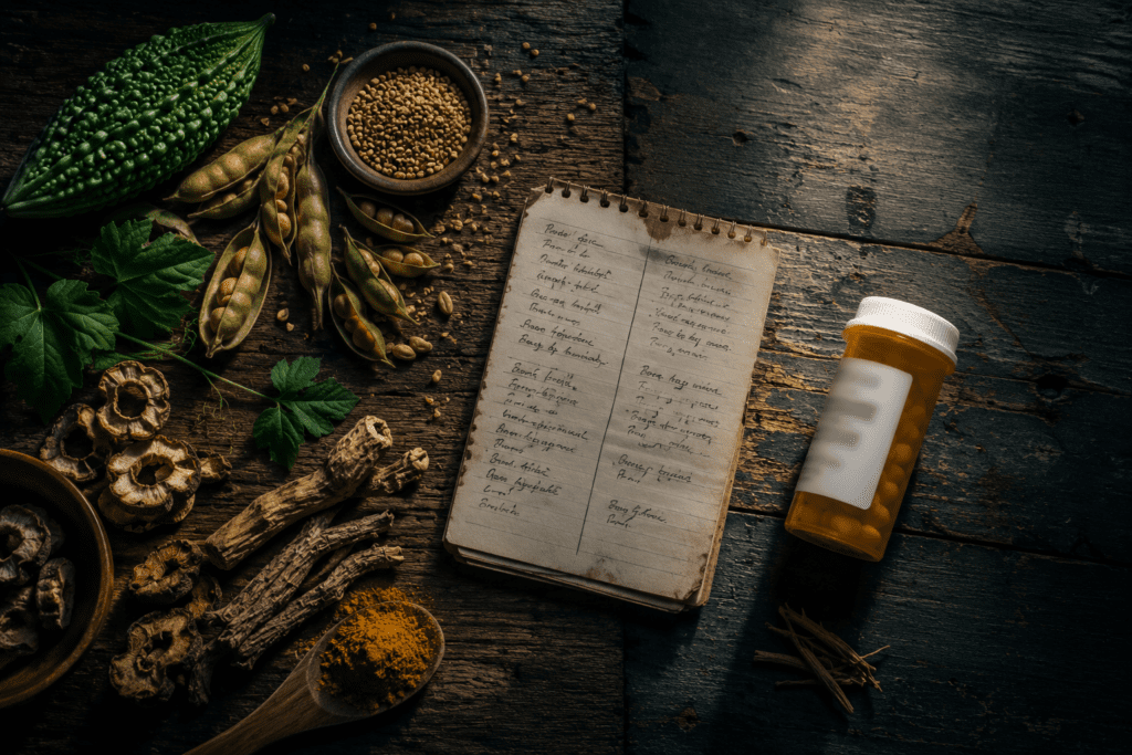 Natural insulin-mimicking herbs compared side by side with prescription medication bottle