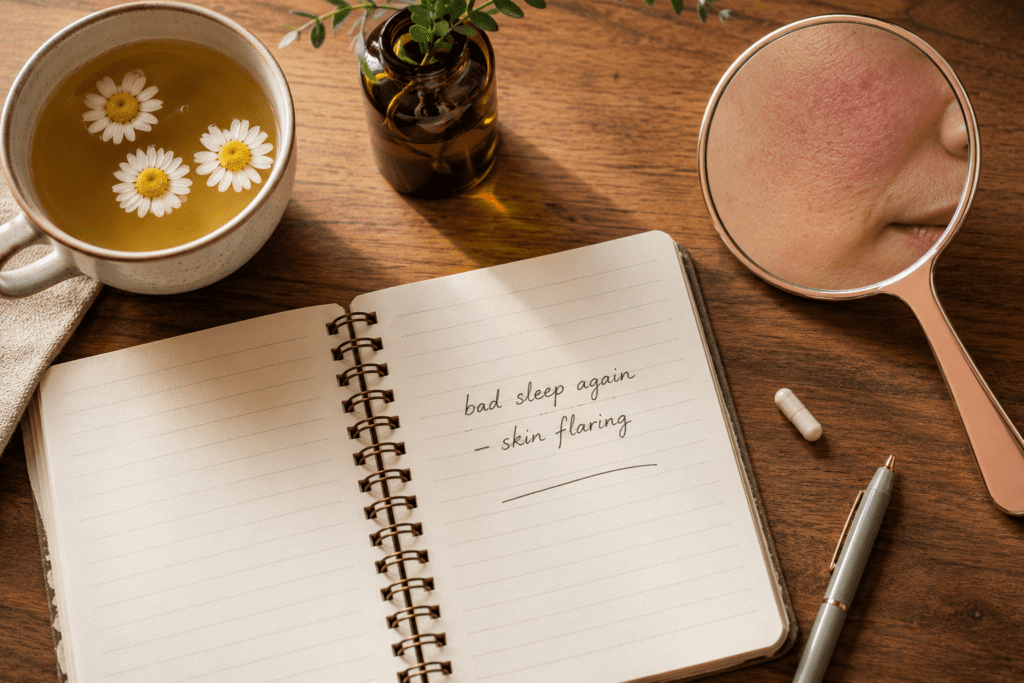 Flat lay of health journal, mirror showing skin redness, chamomile tea and probiotic