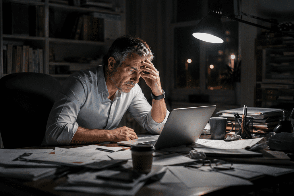 Stressed man in his late 50s at night showing cortisol effects on metabolism