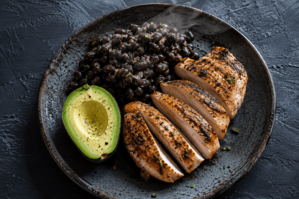 Overhead plate of chicken breast and black beans for fat burning
