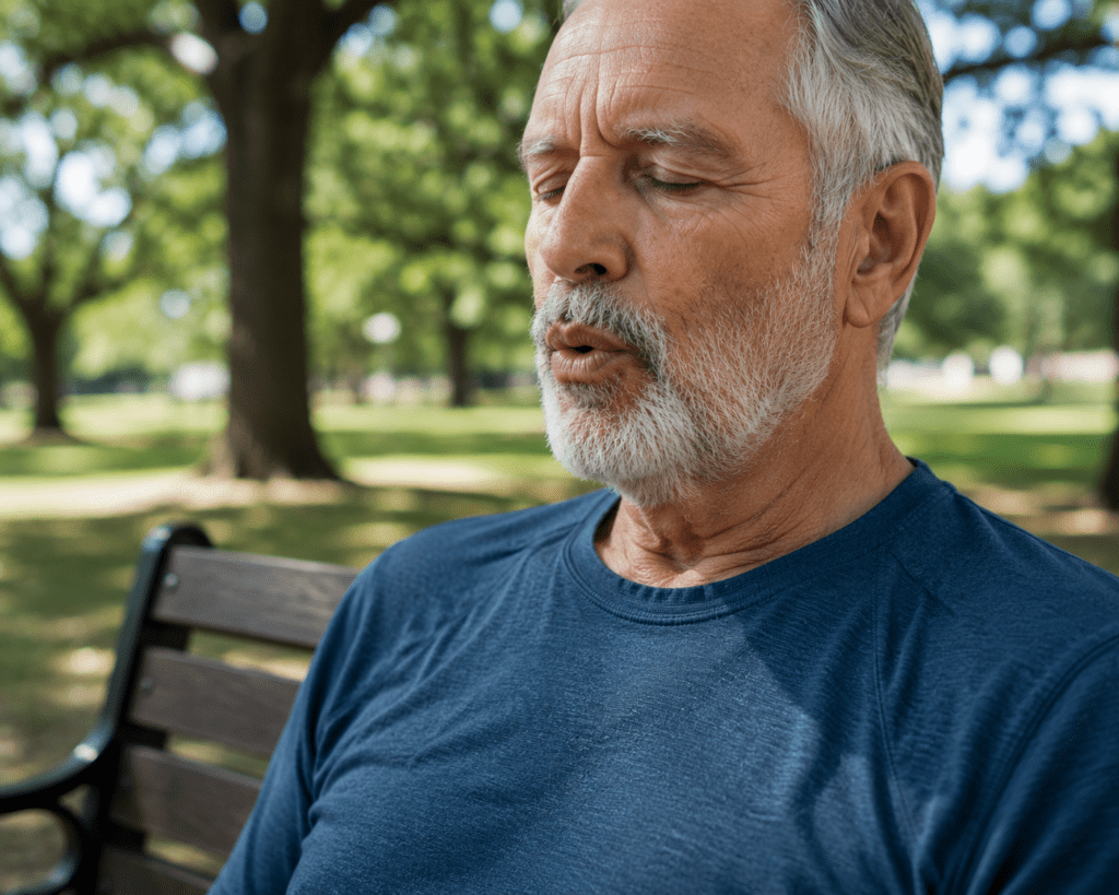 Senior man practicing slow pursed-lip breathing outdoors to activate parasympathetic response
