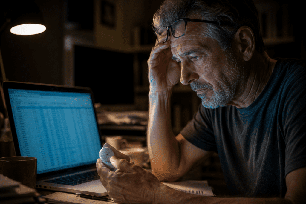 Stressed older man checking blood sugar levels at night with glucose monitor