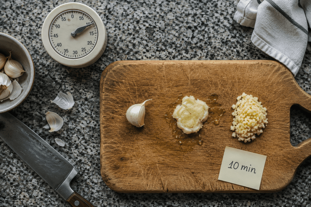 Fresh garlic cloves at three preparation stages on wooden cutting board with kitchen timer