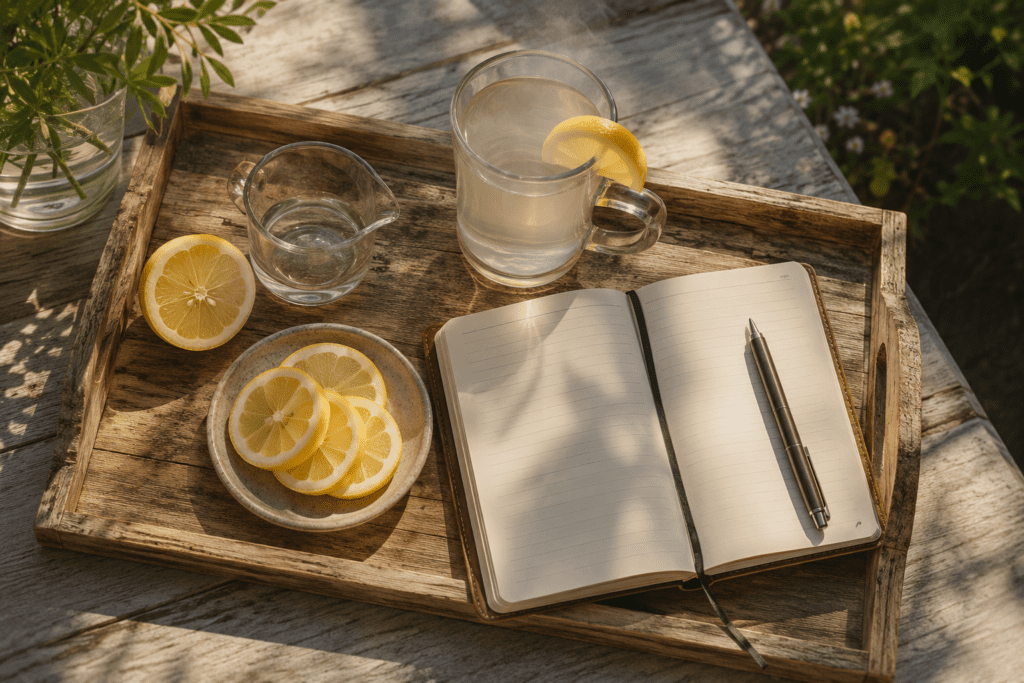 Morning lemon water preparation tray with journal on sunlit porch table
