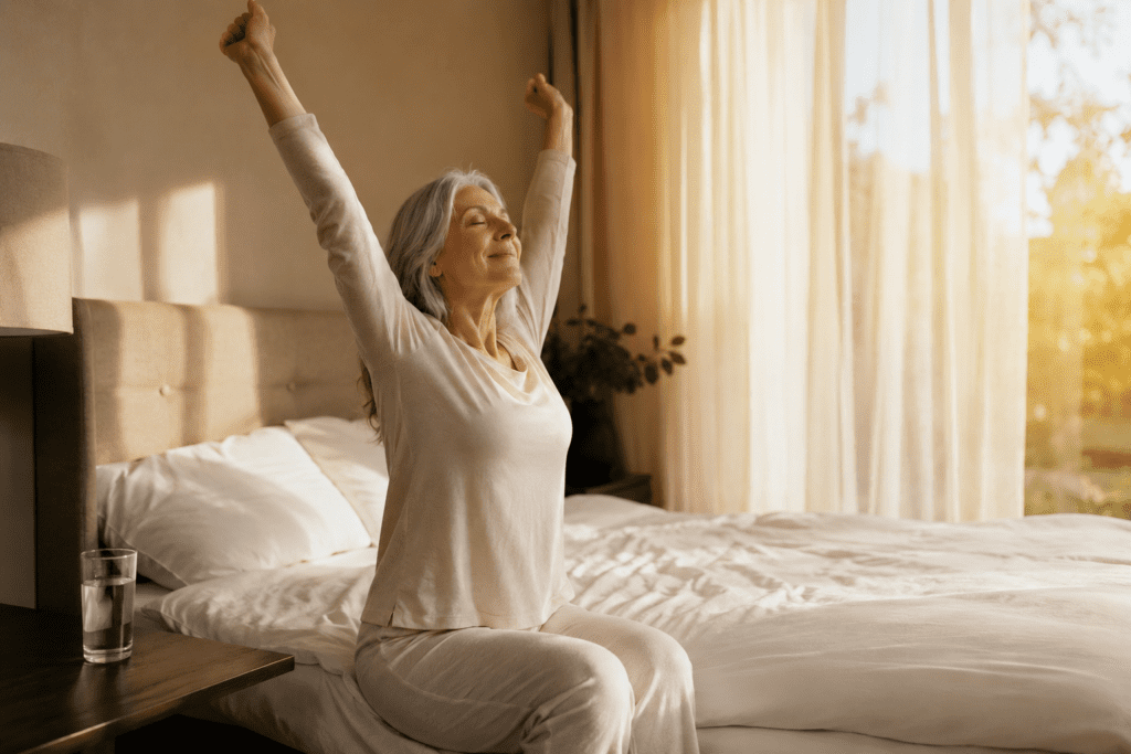 Woman in her 60s stretching in bedroom after overnight water weight loss