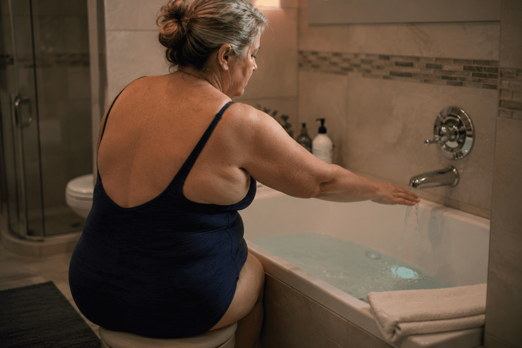 Woman in her late 50s carefully starting cold water therapy at home bathtub
