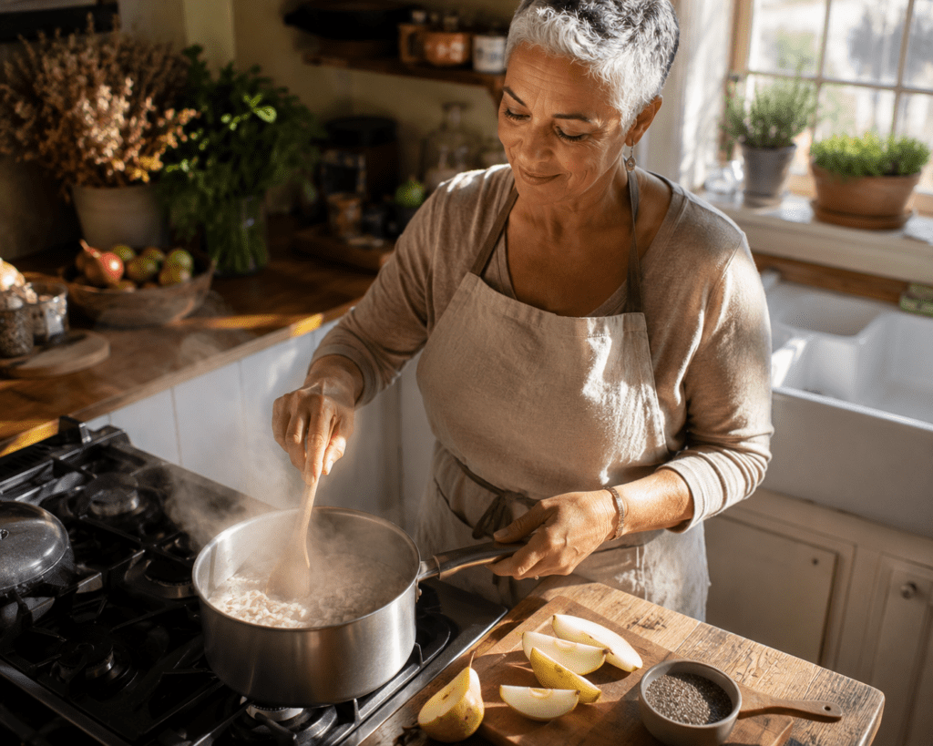 Senior woman preparing high-fiber oats and chia seeds at home kitchen
