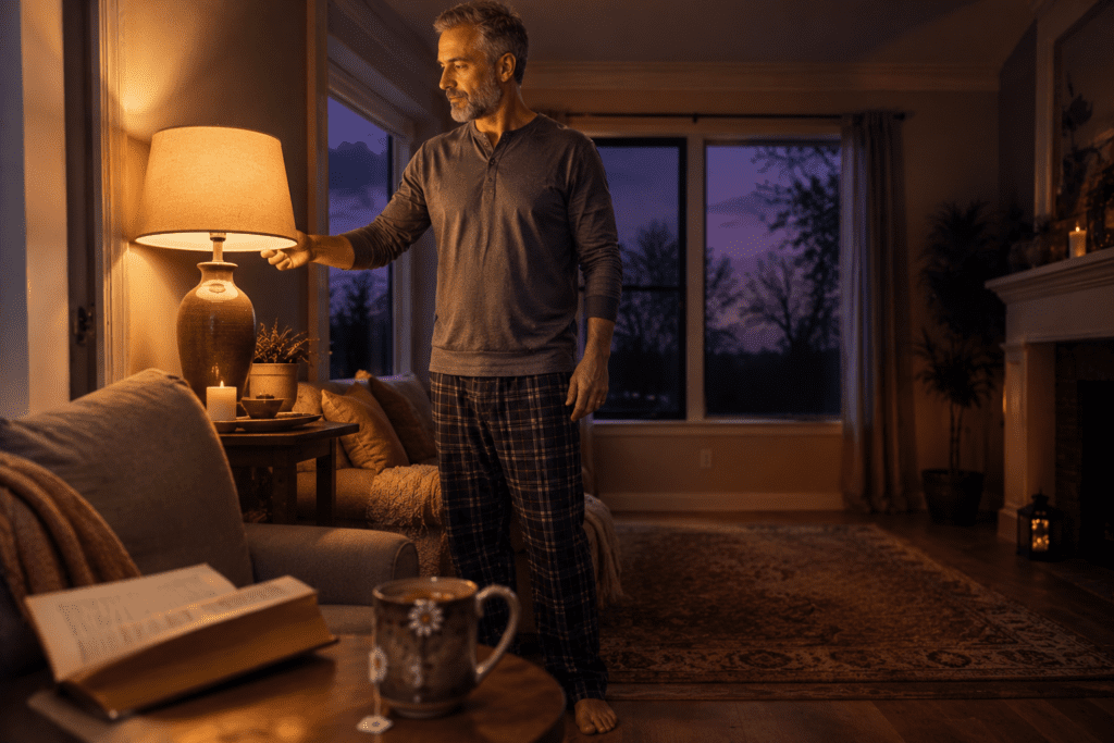 Man in his late 50s dimming living room lamp as part of healthy sleep routine
