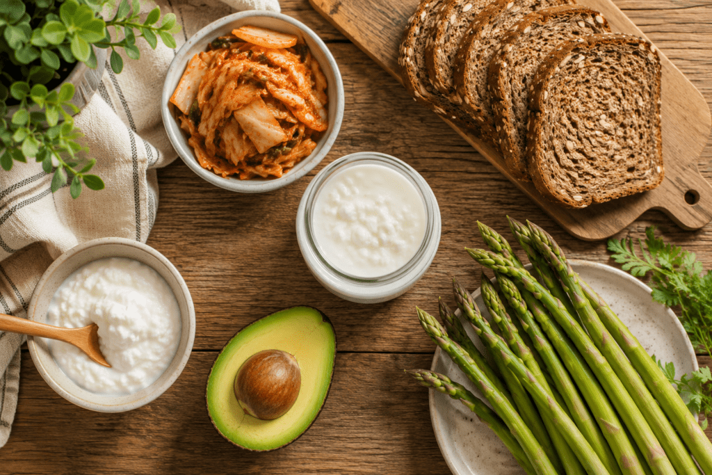 Flat lay of gut-healthy fermented and fiber-rich foods on wooden surface