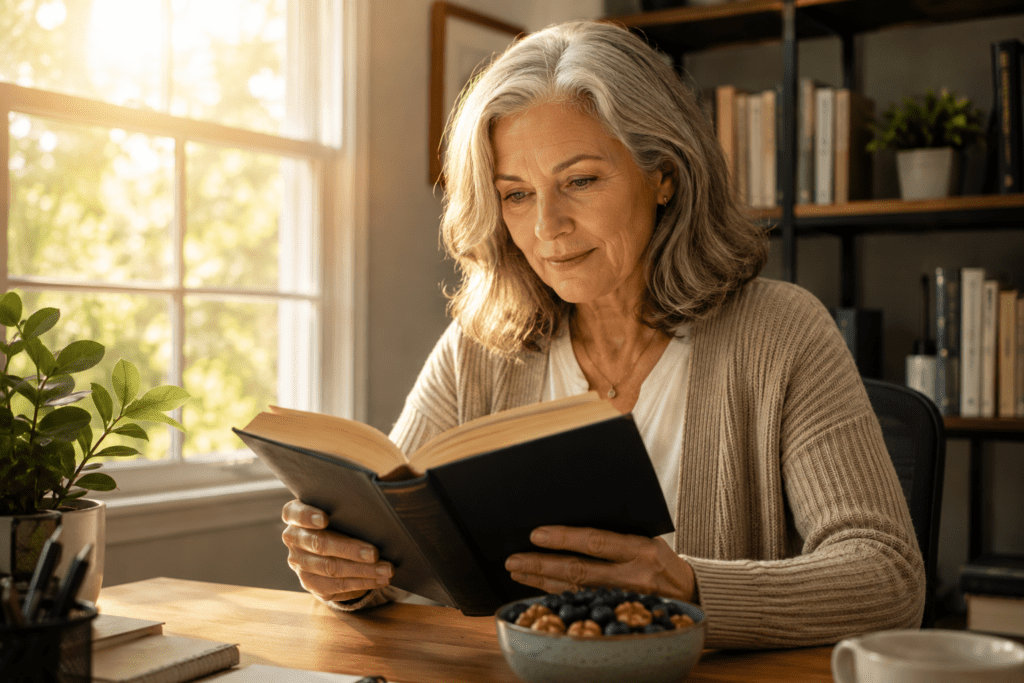 Senior woman reading book with focused expression, brain-healthy foods nearby