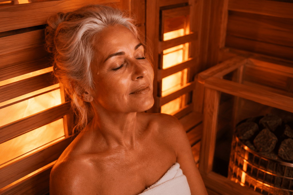Woman at traditional steam sauna door comparing sauna types for detox