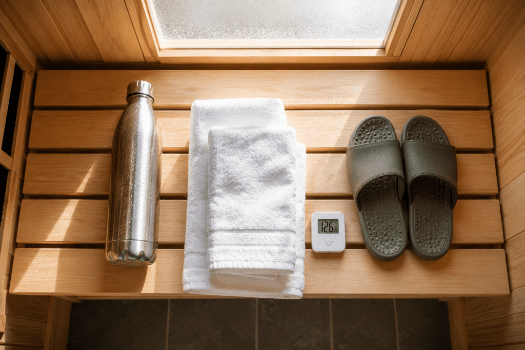 Infrared sauna preparation items water bottle towels thermometer