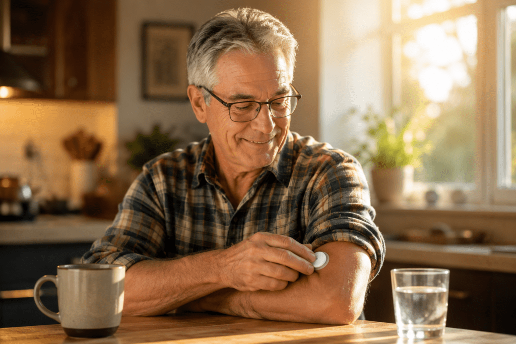 Older man checking glucose monitor after intermittent fasting morning routine