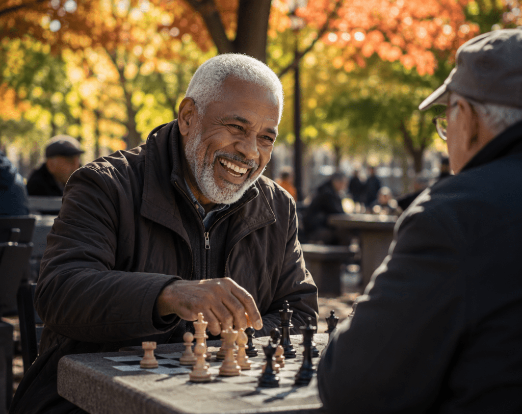 sharp-minded older man engaged in chess showing intermittent fasting brain health benefits
