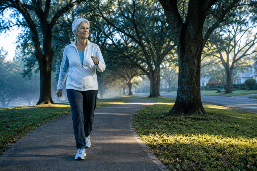 Active older woman walking at dawn during intermittent fasting window for blood sugar
