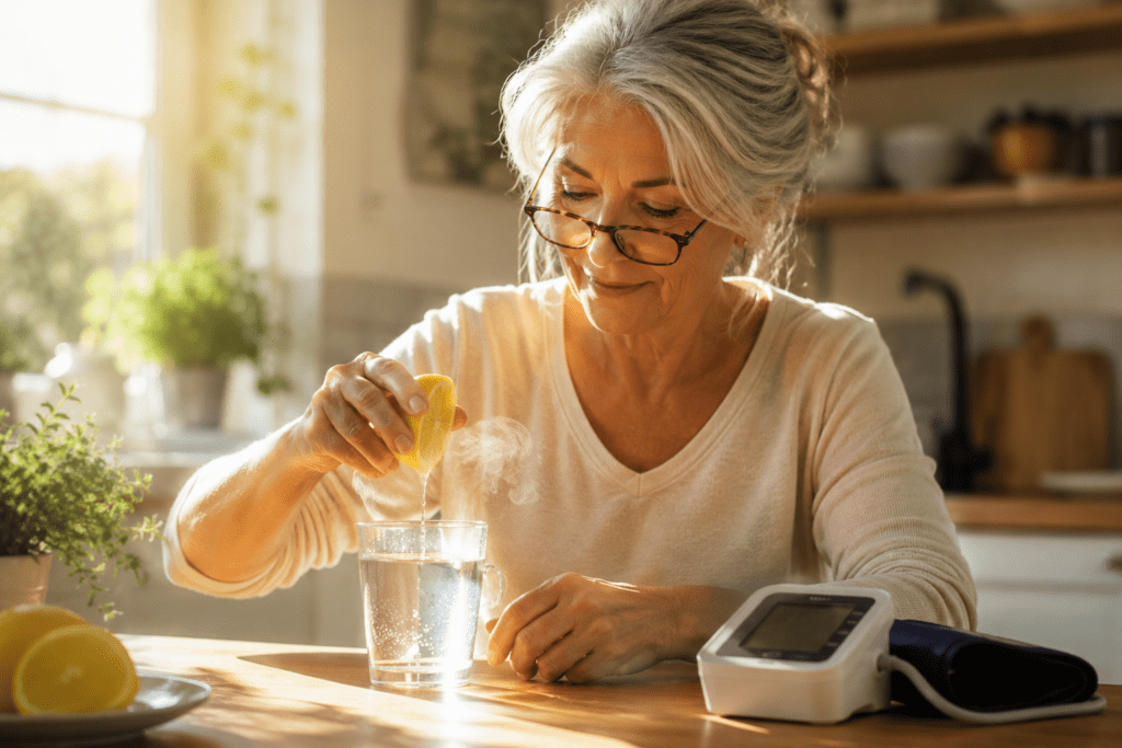 Senior woman squeezing lemon into warm water beside blood pressure monitor
