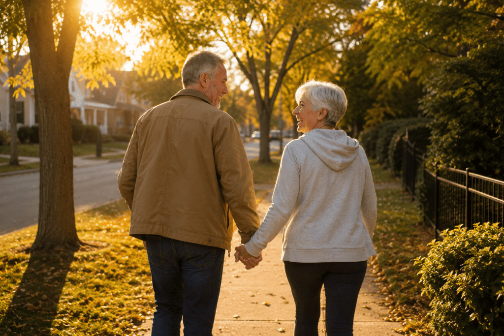 Active senior couple walking outdoors laughing in golden afternoon light
