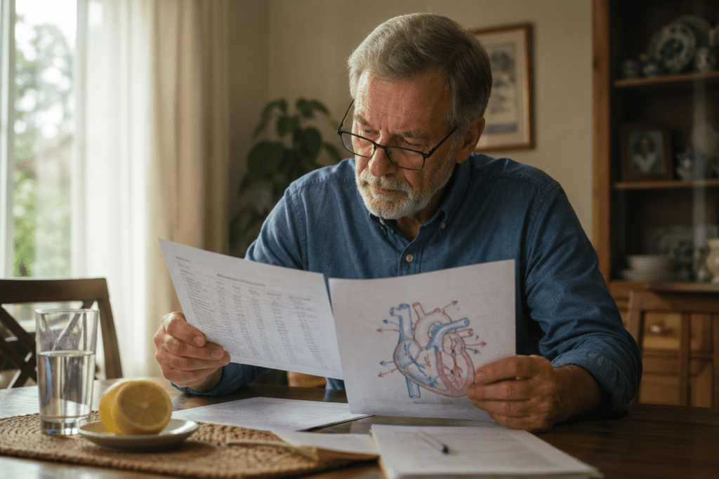 Older man reviewing heart health lab results with lemon water on table
