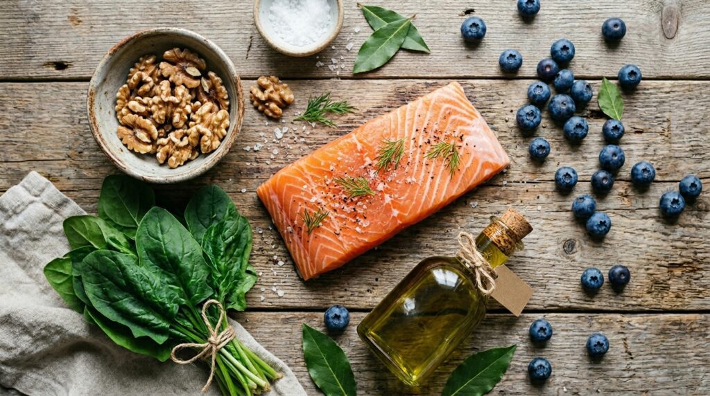Flat lay of leptin-supporting foods including salmon, walnuts, and leafy greens on wood