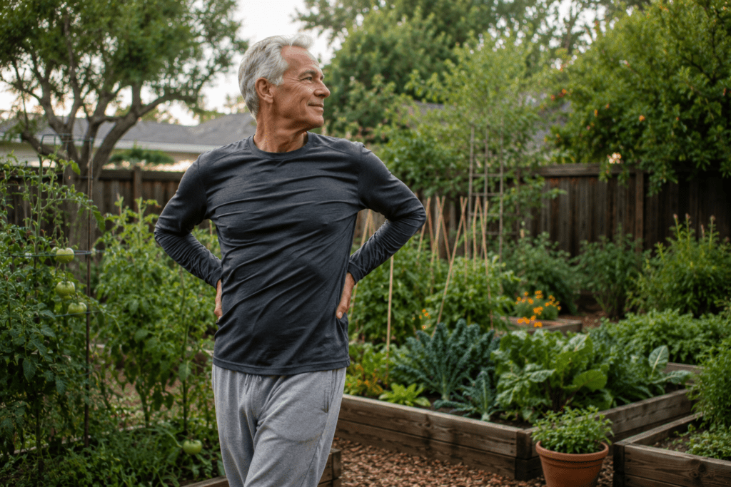 enior man doing gentle morning back stretch in green backyard garden