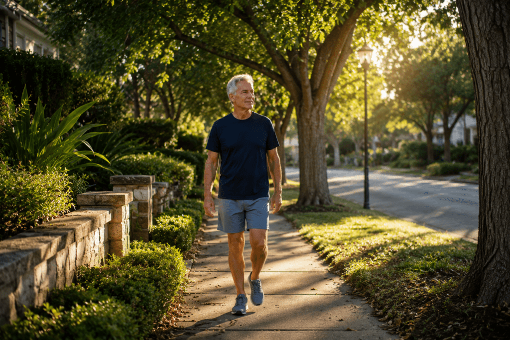 Senior man walking outdoors in morning light as daily brain health habit