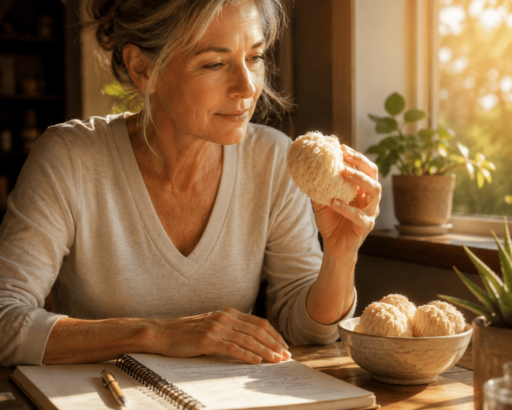Woman in her 60s examining lion's mane mushroom for brain health