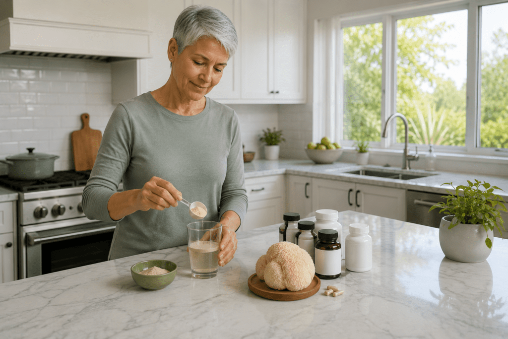 Woman in her 50s preparing lion's mane mushroom supplement in kitchen
