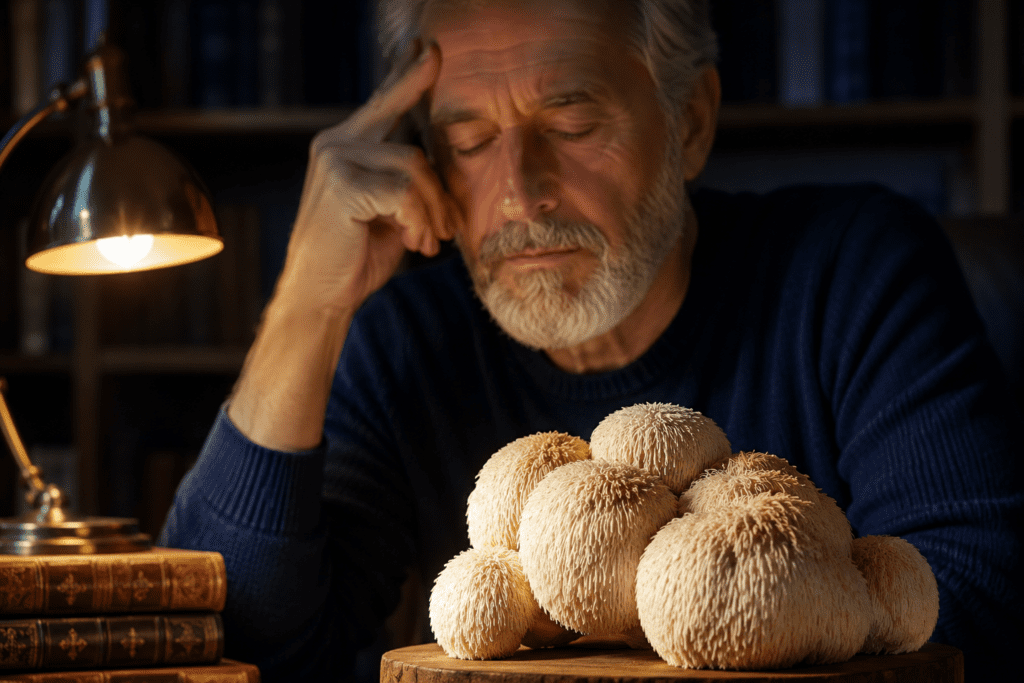 Older man in contemplation near lion's mane mushrooms on desk

