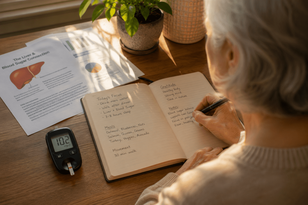 Senior woman writing in health journal beside a blood glucose meter at desk