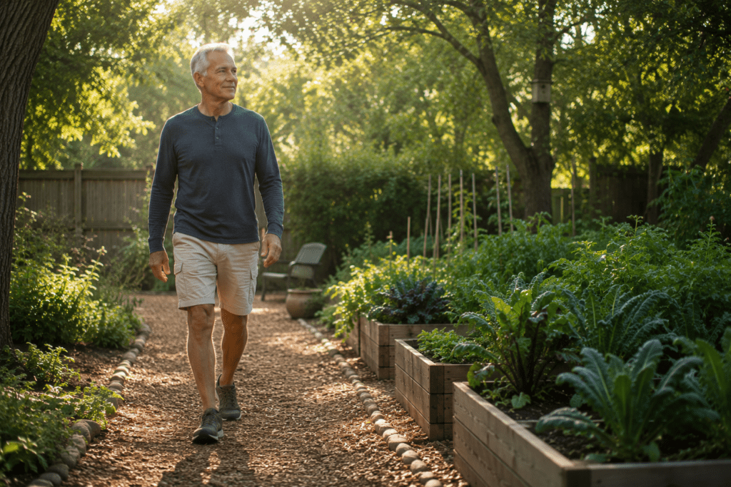 Senior man walking peacefully along garden path in morning dappled sunlight