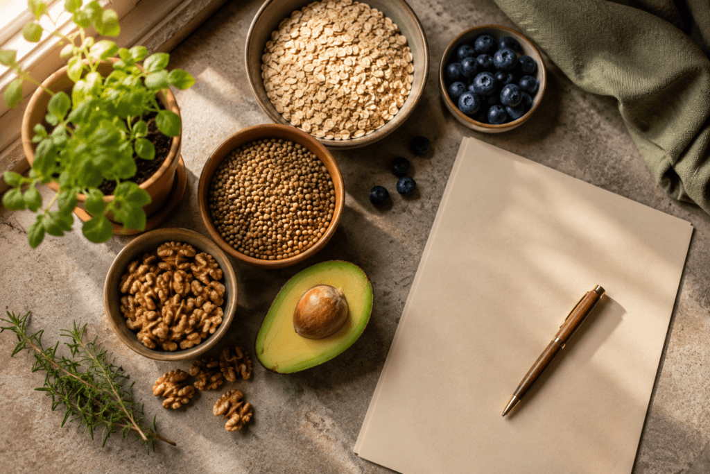 low glycemic diet foods arranged on kitchen counter with printed reference list