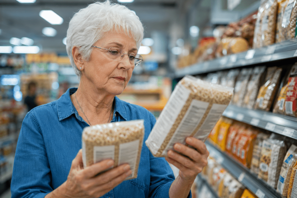 Senior woman comparing food labels to avoid low glycemic index diet mistakes
