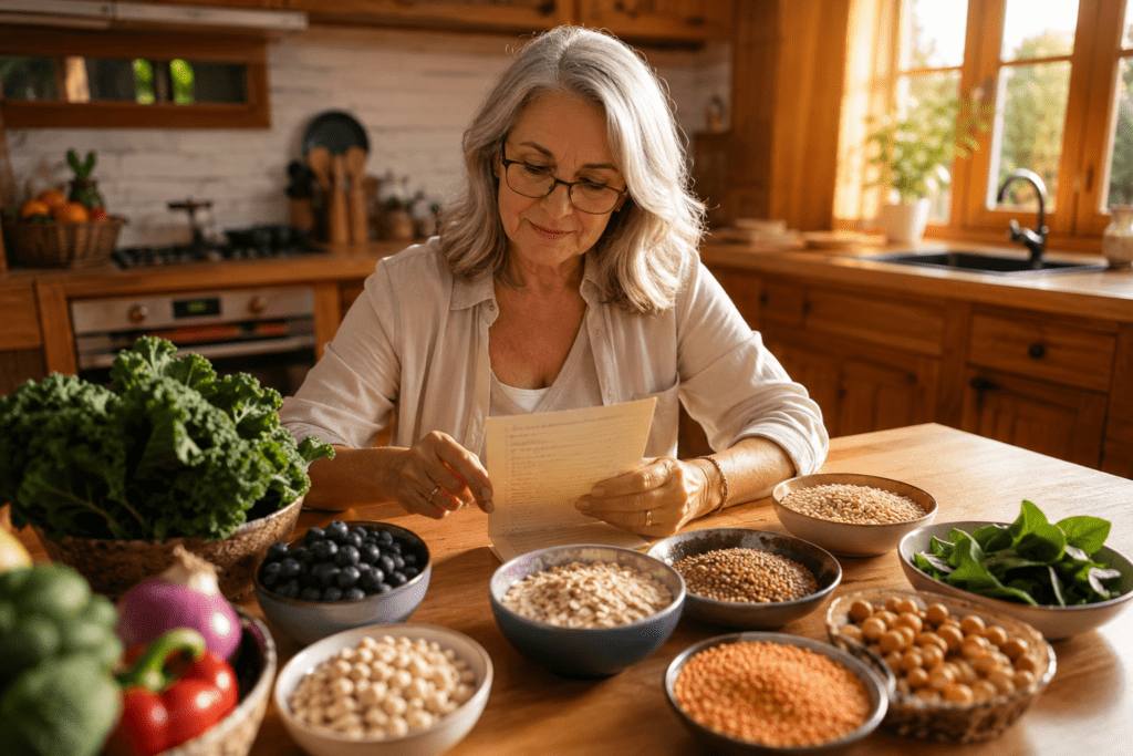 Woman over 60 reviewing low glycemic index foods weight loss list at home