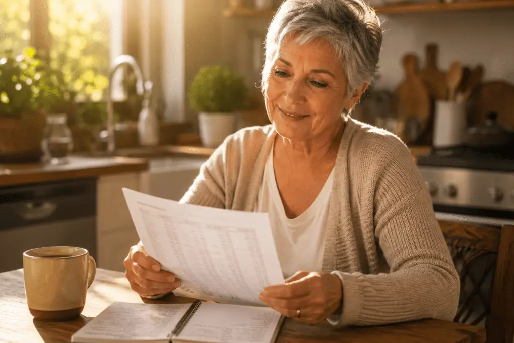 Older woman smiling while reviewing HbA1c lab results at kitchen table