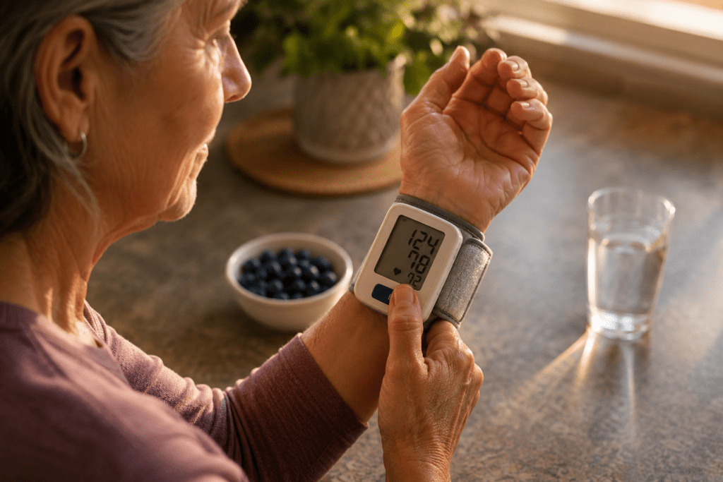 Senior woman checking systolic blood pressure reading on home monitor