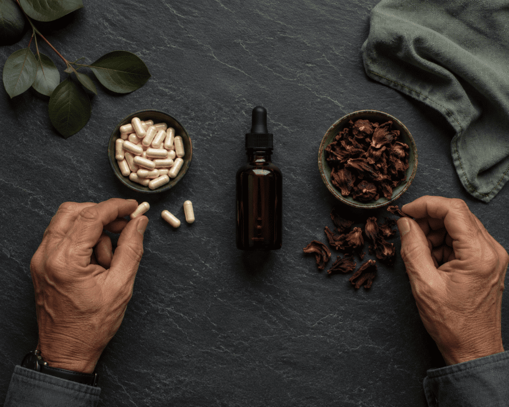 Magnesium capsules ashwagandha bottle and dried hibiscus flowers on slate counter
