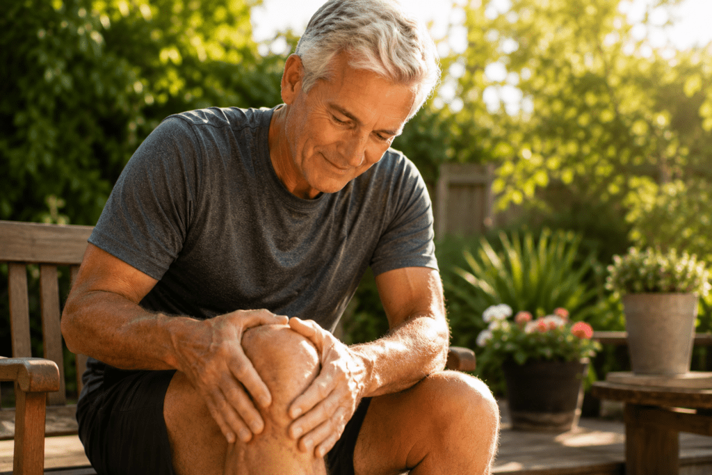 Older man relieving knee joint pain outdoors in garden sunlight