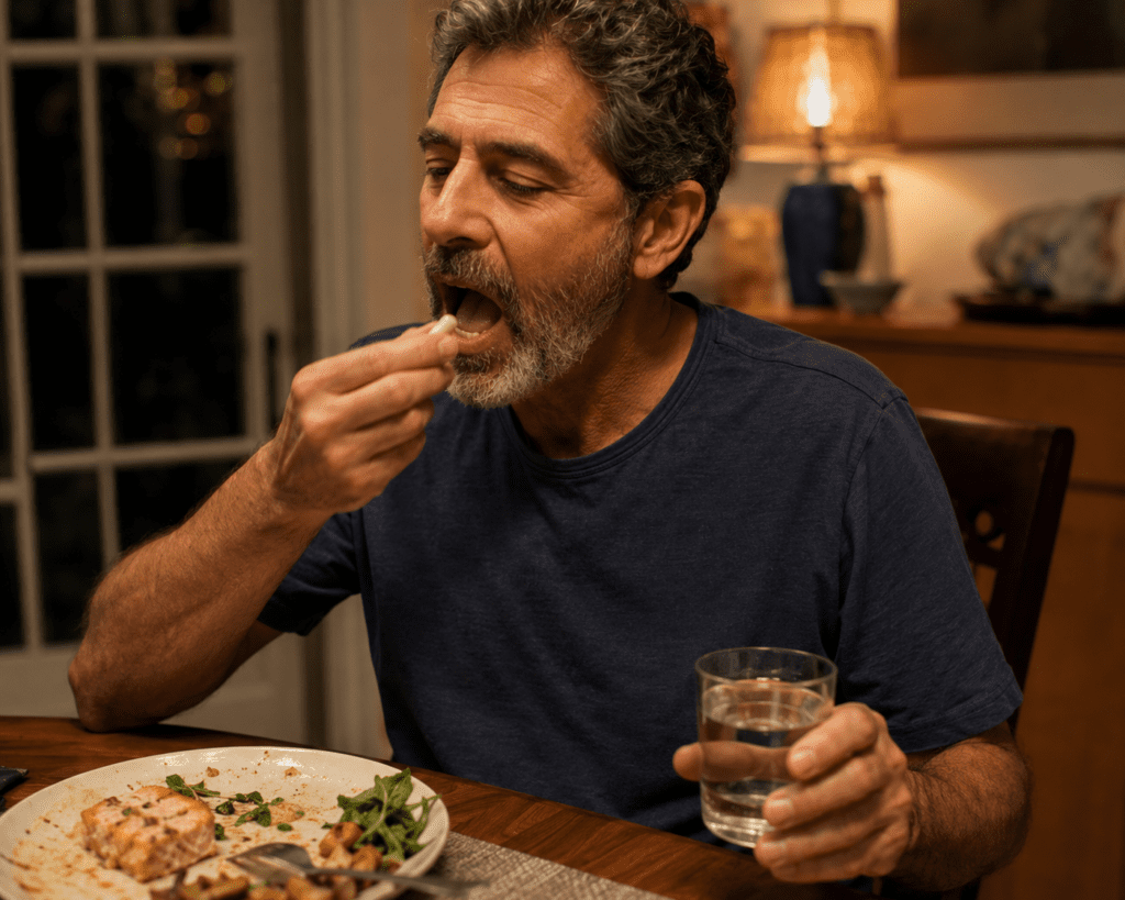 Senior man taking magnesium supplement with dinner for blood sugar control
