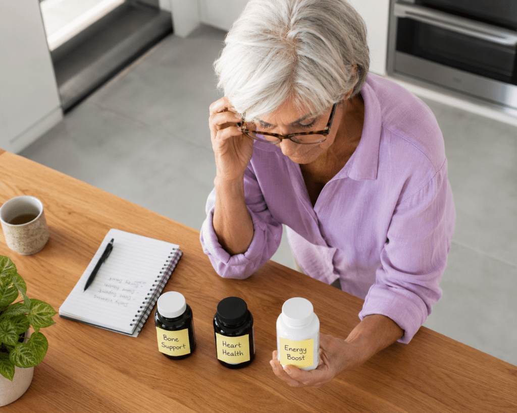 Older woman comparing three magnesium supplement bottles on kitchen counter
