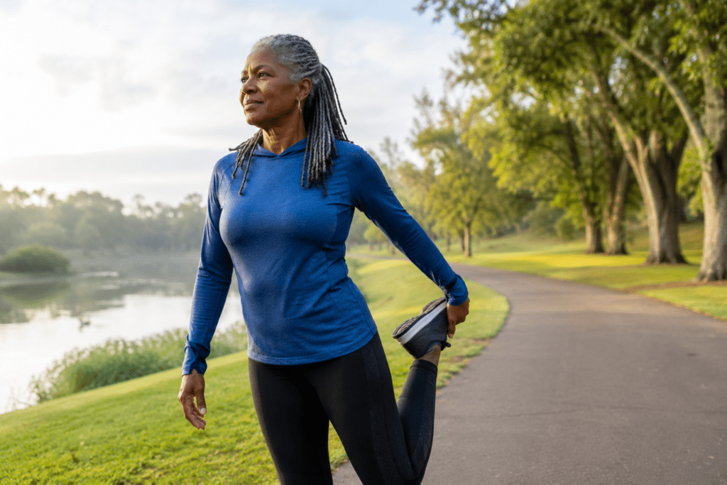 Active older woman stretching muscles on park trail at sunrise
