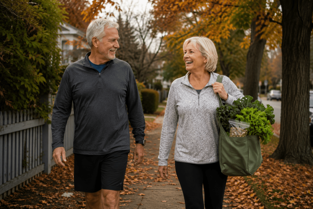  active older couple walking outdoors carrying magnesium-rich groceries in autumn