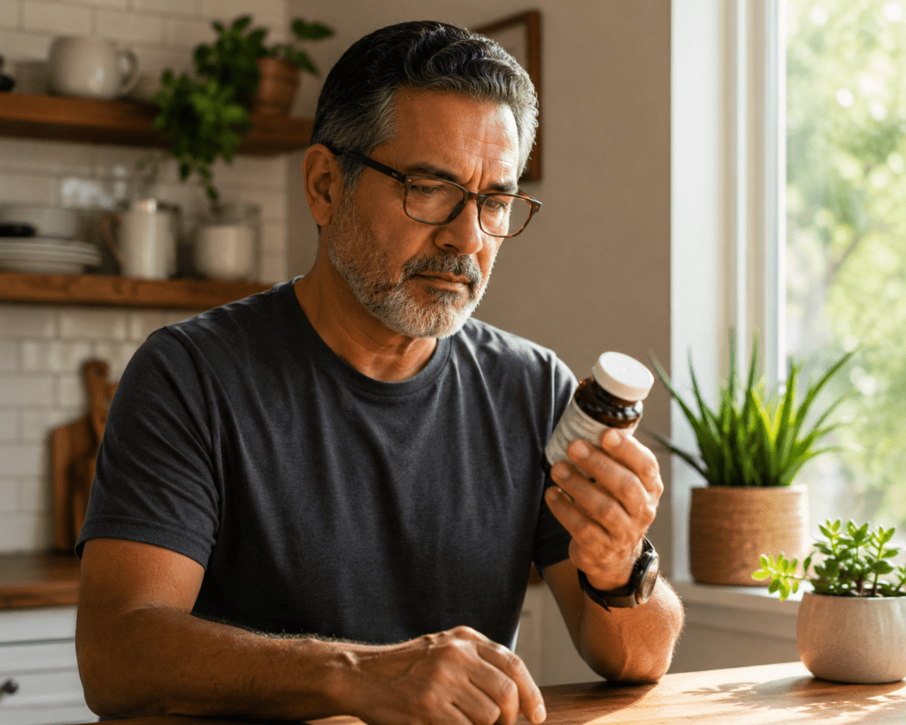 Older Hispanic man reading magnesium supplement label in sunny kitchen
