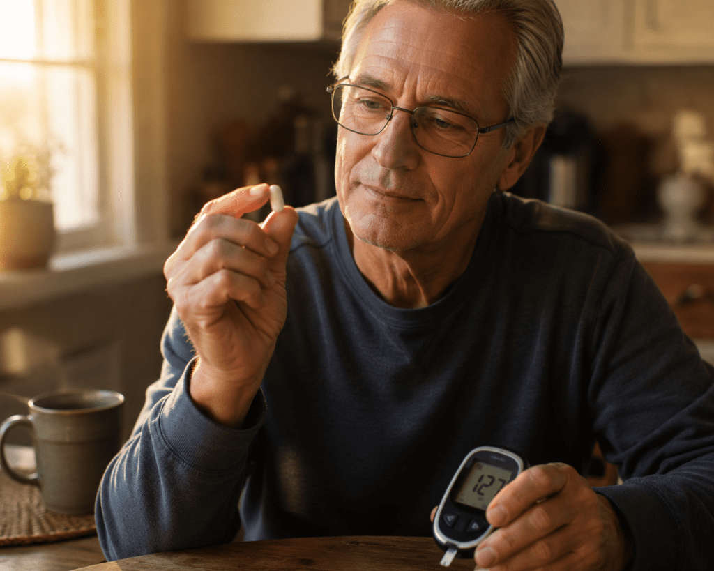 Older man holding magnesium supplement next to glucometer checking blood sugar